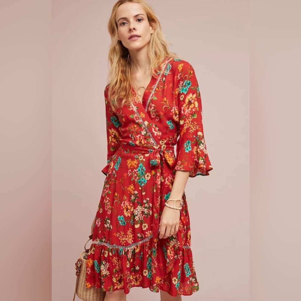 FARM Rio Red Floral Wrap Midi Dress with Teal & Yellow Accents